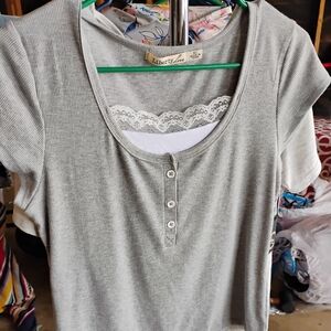 Gray Button-Front Top with Lace Detail